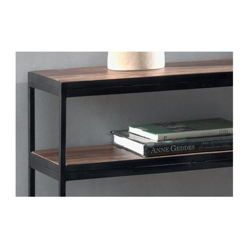 Console Salon Goa – Bois Massif Exotique Et Métal Noir – 2 Tablettes