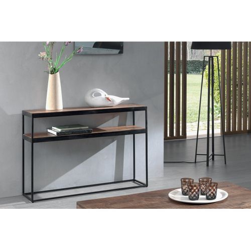 Console Salon Goa – Bois Massif Exotique Et Métal Noir – 2 Tablettes