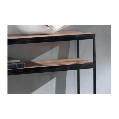 Console Salon Goa – Bois Massif Exotique Et Métal Noir – 2 Tablettes