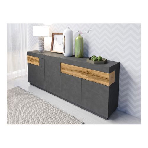 Buffet 4 Portes 2 Tiroirs Kiles – Gris Anthracite et Chêne Clair – Design Moderne Et Spacieux