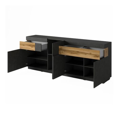 Buffet 4 Portes 2 Tiroirs Kiles – Gris Anthracite et Chêne Clair – Design Moderne Et Spacieux