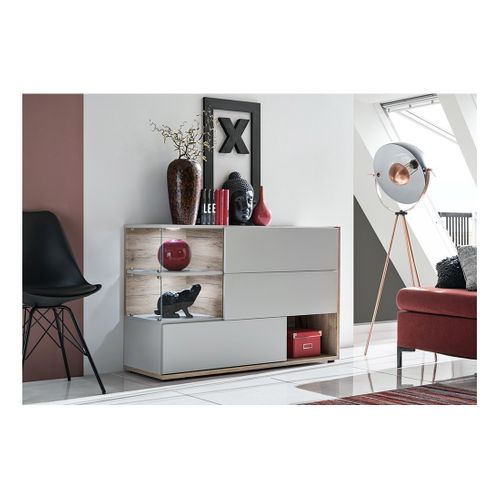 Buffet, Bahut, Enfilade Klis Trois Portes Et Trois Niches. Coloris Gris Perle Et Chêne. Style Desig