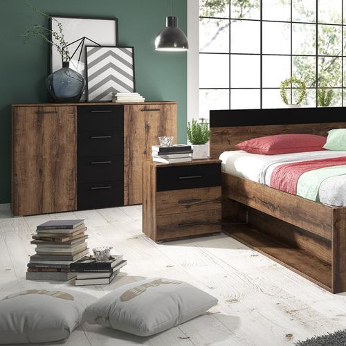 Ensemble Lit 160x200 Plus Chevets Collection Eos. Couleur Chêne Foncé Et Noir.