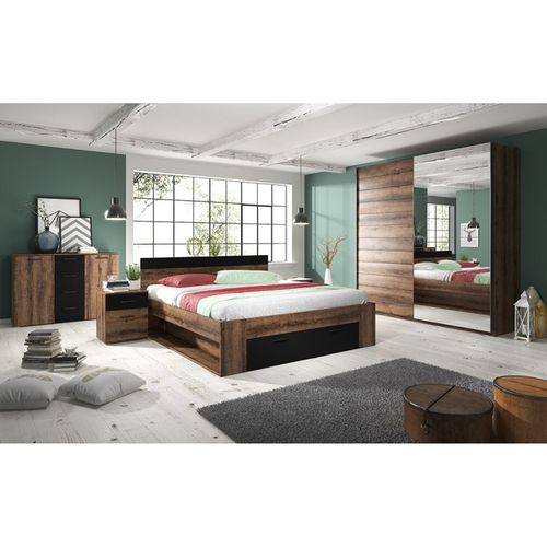 Ensemble Lit 160x200 Plus Chevets Collection Eos. Couleur Chêne Foncé Et Noir.