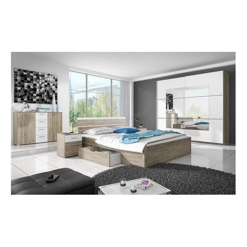 Lit Adulte 160x200, Tiroirs Intégrés Et Sommier Inclus - Collection Eos. Coloris Chêne Clair Et Bla