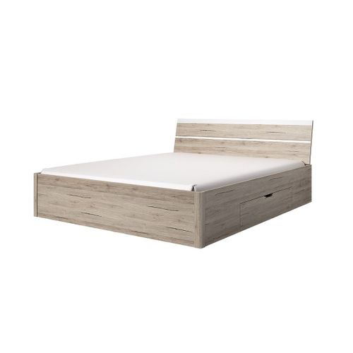 Lit Adulte 160x200, Tiroirs Intégrés Et Sommier Inclus - Collection Eos. Coloris Chêne Clair Et Bla