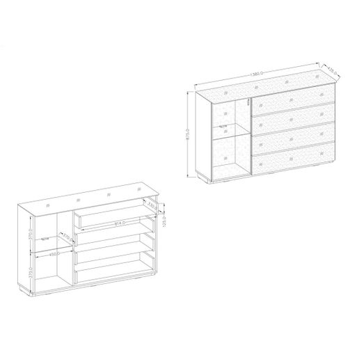 Buffet Tonga 138x87.5x43.5 Cm Avec 4 Tiroirs Et 1 Porte, Coloris Blanc Brillant