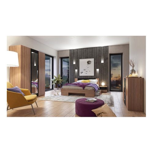 Lit Adulte 180x200 Collection Irina. Chevets Intégrés. Coloris Red Wallnut Et Noir