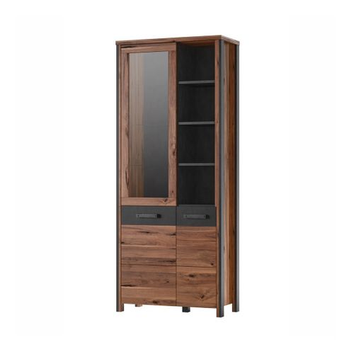 Vitrine Collection Windsor. Coloris Chêne Foncé Et Gris Anthracite.