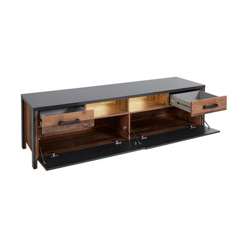 Meuble TV Windsor Gris Anthracite Et Chêne Foncé - 190 Cm - 2 Portes, 2 Tiroirs, 2 Niches - 187 X 5