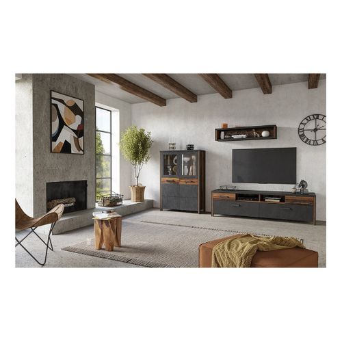 Meuble TV Windsor Gris Anthracite Et Chêne Foncé - 190 Cm - 2 Portes, 2 Tiroirs, 2 Niches - 187 X 5
