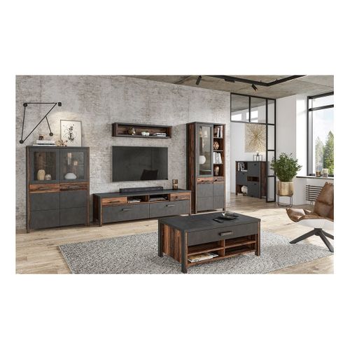 Meuble TV Windsor Gris Anthracite Et Chêne Foncé - 190 Cm - 2 Portes, 2 Tiroirs, 2 Niches - 187 X 5