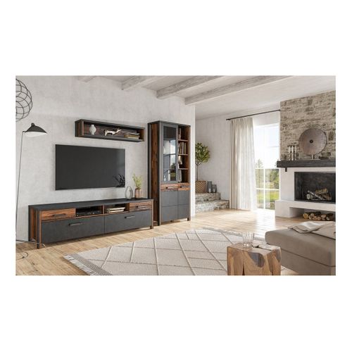 Meuble TV Windsor Gris Anthracite Et Chêne Foncé - 190 Cm - 2 Portes, 2 Tiroirs, 2 Niches - 187 X 5