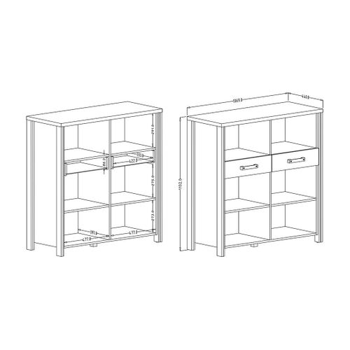 Bahut Windsor Gris Anthracite Et Chêne Foncé - 110 Cm - 2 Tiroirs, 6 Niches - 107 X 110 X 44 Cm