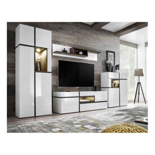 Ensemble 4 Meubles De Salon Collection Criss Avec LEDs Intégrés. Couleur Blanche Et Finitions Chêne