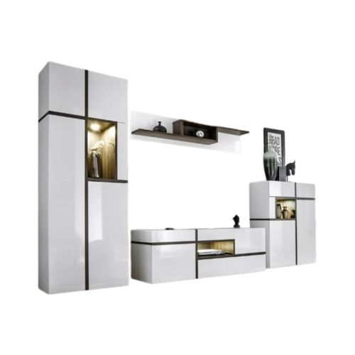 Ensemble 4 Meubles De Salon Collection Criss Avec LEDs Intégrés. Couleur Blanche Et Finitions Chêne