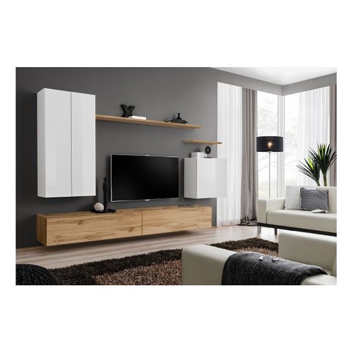 Ensemble De Meubles De Salon Collection Switch Ii Design, Coloris Blanc Et Chêne Wotan.