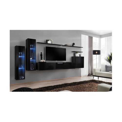 Ensemble Meuble Salon Mural Switch Xi Design, Coloris Noir Brillant.