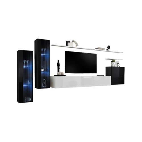 Ensemble Meuble Salon Mural Switch Xi Design, Coloris Noir Et Blanc Brillant