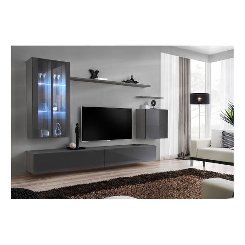Ensemble Meuble Salon Mural Switch Xii Design, Coloris Gris Brillant.