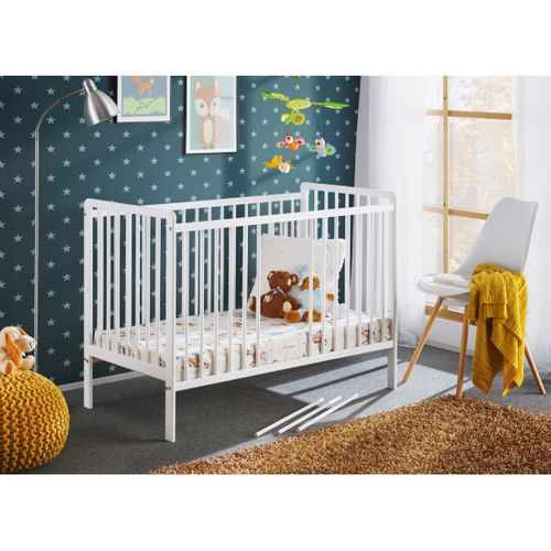 Lit Et Matelas 60x120 Bébé Évolutif Lutin Réglable En Hauteur. Coloris Blanc Mat.