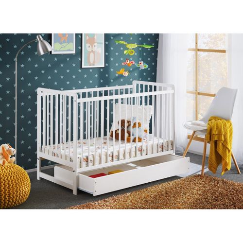 Lit Bébé Évolutif 60x120 Avec Tiroir Et Matelas Lutin Réglable En Hauteur. Coloris Blanc Mat.