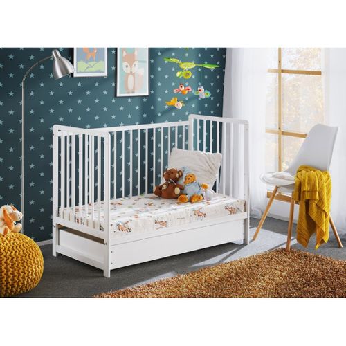 Lit Bébé Évolutif 60x120 Avec Tiroir Et Matelas Lutin Réglable En Hauteur. Coloris Blanc Mat.