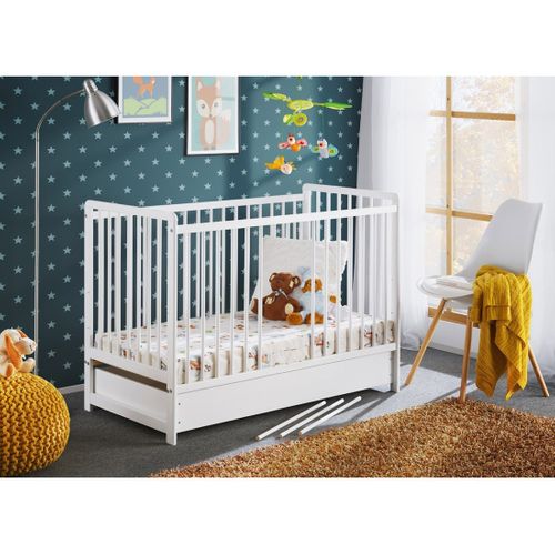 Lit Bébé Évolutif 60x120 Avec Tiroir Et Matelas Lutin Réglable En Hauteur. Coloris Blanc Mat.