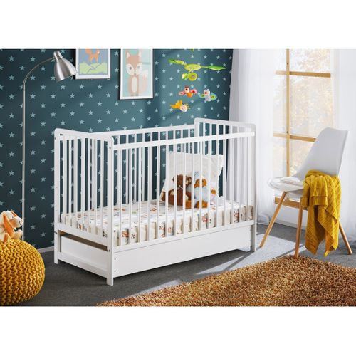 Lit Bébé Évolutif 60x120 Avec Tiroir Et Matelas Lutin Réglable En Hauteur. Coloris Blanc Mat.