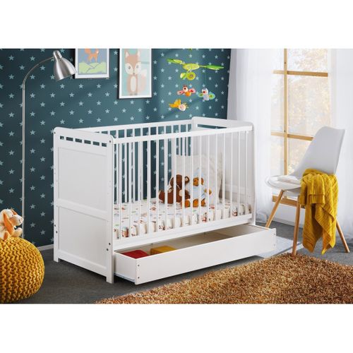 Lit Bébé Évolutif 60x120 - Guizmo - Coloris Blanc Mat - Lit Réglable Avec Tiroir Et Matelas.