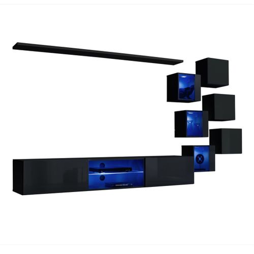 Ensemble Meubles De Salon Switch Xxi – LED – Noir Brillant – Composition Murale Design