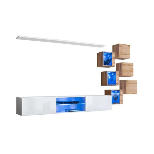 Ensemble Meubles De Salon Switch Xxi – LED – Blanc Et Chêne – Design Suspendu