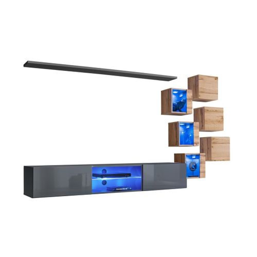 Ensemble Meubles De Salon Switch Xxi – LED – Gris Et Chêne – Design Suspendu