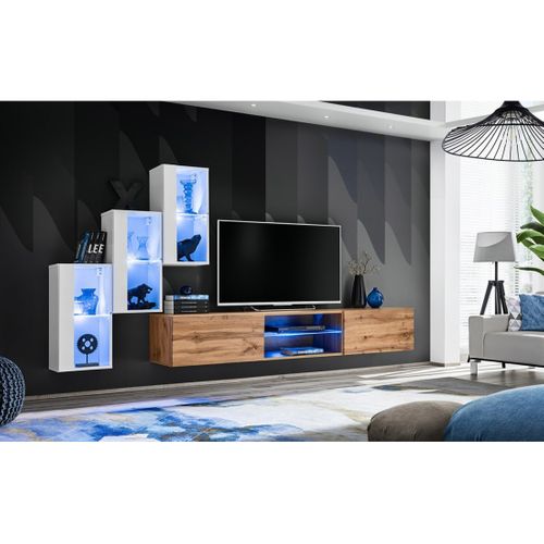 Ensemble Meubles De Salon Switch Xxii – LED – Blanc Et Chêne – Design Suspendu