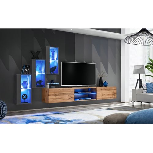 Ensemble Meubles De Salon Switch Xxii – LED – Gris Et Chêne – Design Suspendu