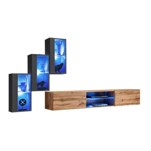 Ensemble Meubles De Salon Switch Xxii – LED – Gris Et Chêne – Design Suspendu