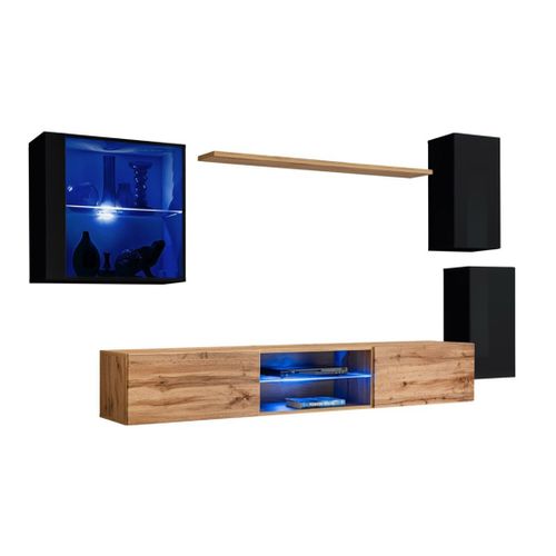 Ensemble Meubles De Salon Switch Xxiii – LED – Noir Et Chêne – Design Suspendu