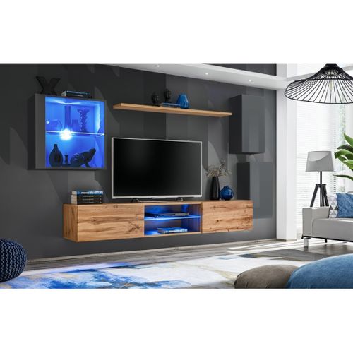 Ensemble Meubles De Salon Switch Xxiii – LED – Gris Et Chêne – Design Suspendu
