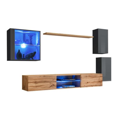 Ensemble Meubles De Salon Switch Xxiii – LED – Gris Et Chêne – Design Suspendu