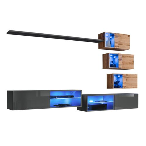 Ensemble Meubles De Salon Switch Xxiv – LED – Gris Et Chêne – Composition Murale Design