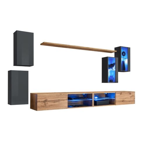 Ensemble Meubles De Salon Switch Xxv – LED – Gris Et Chêne – Design Suspendu