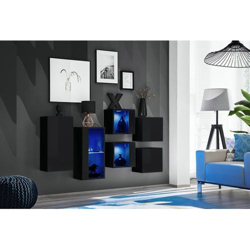 Ensemble Meubles De Salon Switch Sbiv Design. Coloris Noir Brillant. Système LED Intégré.