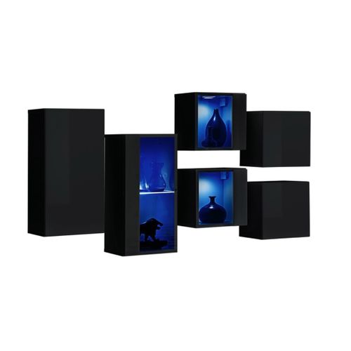 Ensemble Meubles De Salon Switch Sbiv Design. Coloris Noir Brillant. Système LED Intégré.