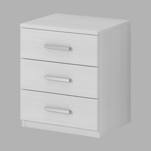 Table De Chevet Trois Tiroirs, Collection Floyd. Coloris Blanc Effet Bois.
