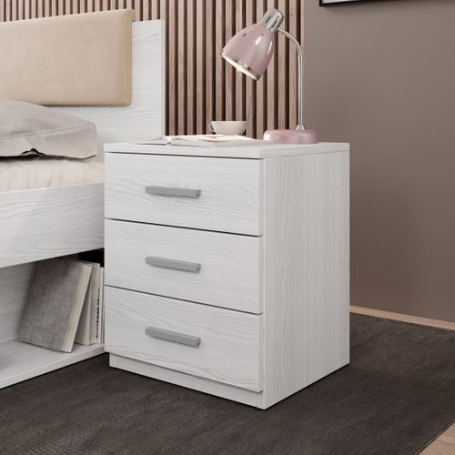 Table De Chevet Trois Tiroirs, Collection Floyd. Coloris Blanc Effet Bois.