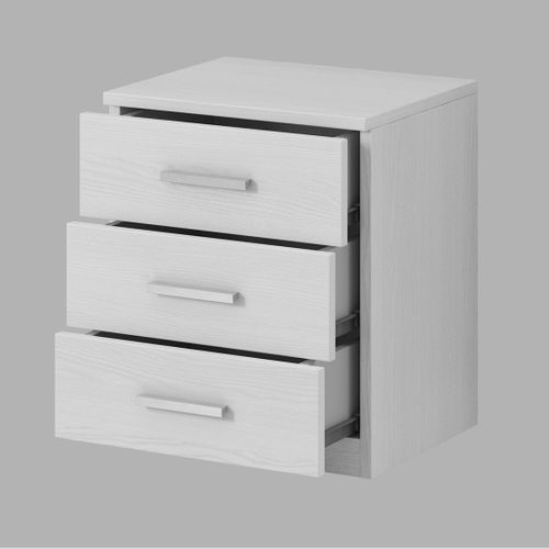 Table De Chevet Trois Tiroirs, Collection Floyd. Coloris Blanc Effet Bois.