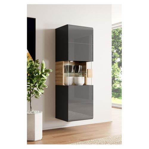 Vitrine Suspendue + LED Collection Ohio Coloris Gris Anthracite Et Chêne.