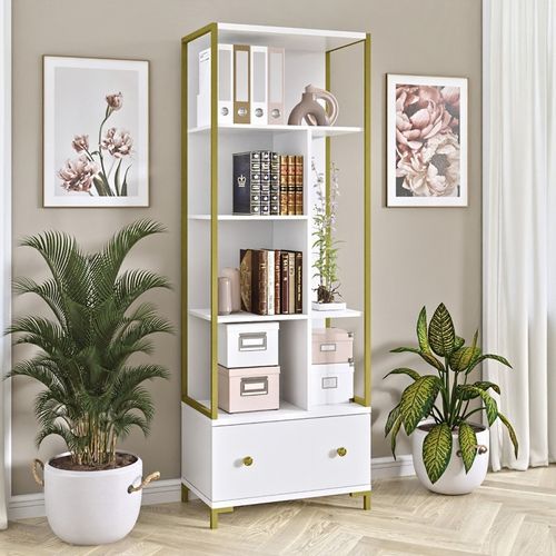Bibliothèque Collection Douglas Avec Nombreux Rangements Et Finitions Dorées, 70 X 200 X 42 Cm
