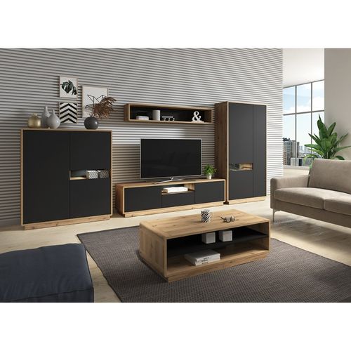 Meuble TV 180cm Collection Villa. Couleur Chêne Et Noir Mat. LED Intégrée