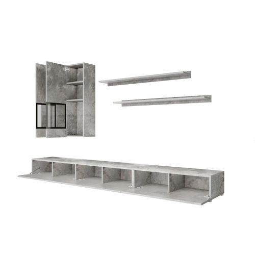 Ensemble Salon Complet Ramos – Effet Béton – 7 Meubles Avec LED Multicolore Intégrée